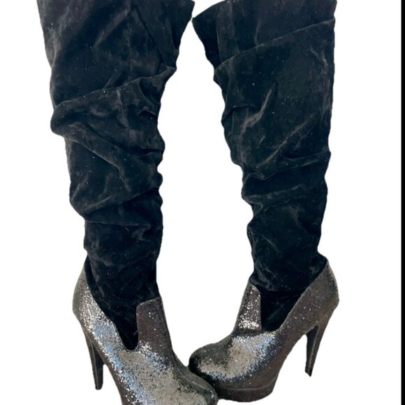 Michael Antonio knee Boots glitter faux suede Sz 5.5  Heels Baddie - Picture 1 of 12